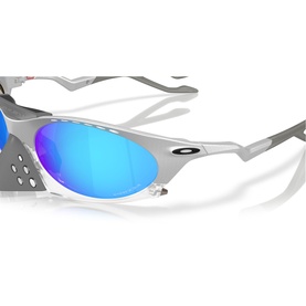 Oakley sunglasses with silver metal frame, vented nose bridge, and sapphire blue iridium lenses, close-up detail view
