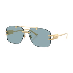 Gold-tone navigator sunglasses with light blue lenses, double bridge, and rectangular frames with small square logo detail on temples