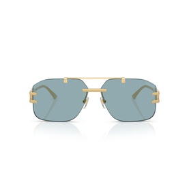 Rimless aviator sunglasses with gold metal frame, double bridge, and light blue tinted lenses, front view