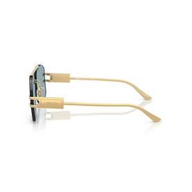 Gold-tone metal frame sunglasses with blue-tinted lenses, shown from the side to highlight temple arms and frame structure.