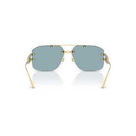 Gold-tone rimless aviator sunglasses with light blue lenses, double bridge, and gold temple arms, shown from rear angle