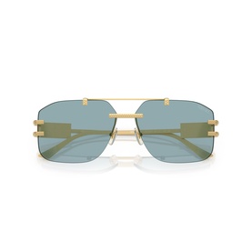 Rimless square sunglasses with gold double-bridge frame and tinted blue-green lenses