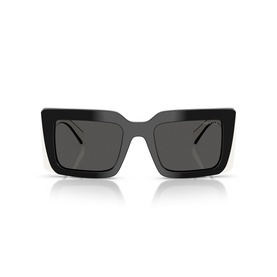 Black oversized square-frame sunglasses with dark grey lenses and subtle logo detail on temples