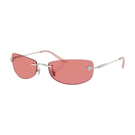 Versace rimless oval sunglasses, silver metal frame with pink lenses and Medusa logo detail on temples
