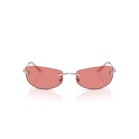 Rimless oval sunglasses with silver metal frame and pink tinted lenses, front-facing view on white background