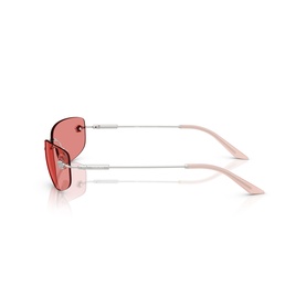 Rimless rectangular sunglasses with pink lenses, silver metal frame and slim pink temple arms, side view