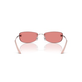 Rimless rectangular sunglasses with pink tinted lenses, slim silver metal frame and pale pink temple arms, rear view