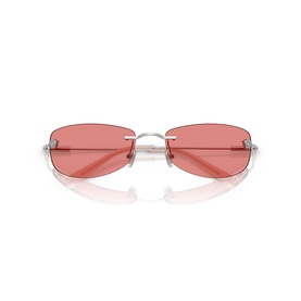 Rimless rectangular sunglasses with rose-pink tinted lenses and slim silver metal temples, front-facing view on white background