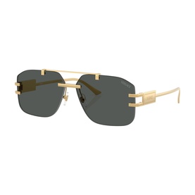 Gold-tone rimless rectangular sunglasses with dark grey lenses and double bridge bar detail