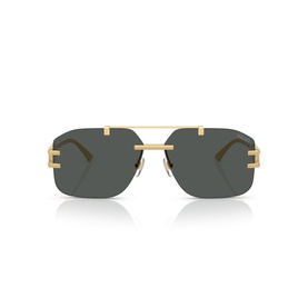 Rimless navigator sunglasses with gold metal frame, double bridge, and dark grey lenses, front-facing view