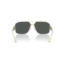 Rimless square sunglasses with gold metal frame, double bridge, and dark grey lenses, shown from rear angle