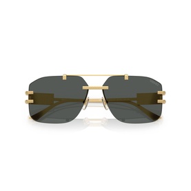 Rimless square sunglasses with gold metal bridge and arms, dark grey lenses, double bar detail at temples