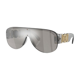 Versace shield sunglasses with mirrored grey lens, gold-tone Medusa logo temples, and semi-rimless frame