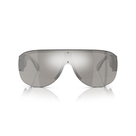 Silver shield sunglasses with mirrored lenses, rimless wraparound frame and silver-tone metal hardware