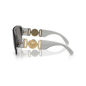 Versace oversized wraparound sunglasses, grey gradient lenses, silver arms with gold Medusa coin and hardware detail