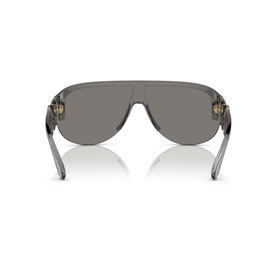 Translucent grey shield sunglasses with gold-tone temple detail, viewed from rear, showing single grey lens visor frame