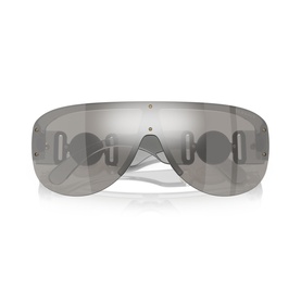 Silver shield-style sunglasses with mirrored lenses, geometric pattern detail, and frameless wraparound silhouette