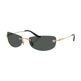 Versace rimless rectangular sunglasses, gold metal frame with dark grey lenses and Medusa logo temples