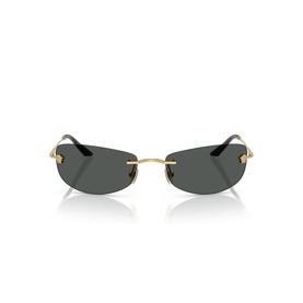 Rimless oval sunglasses with gold metal temples and dark grey lenses, front-facing product view