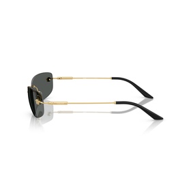 Ray-Ban rimless sunglasses with gold metal arms, black temple tips, and dark grey gradient lenses, side profile view