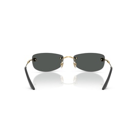 Ray-Ban rimless rectangular sunglasses, gold tone frame with dark grey lenses and black temples, rear view