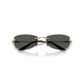Rimless oval sunglasses with dark grey lenses and gold-tone metal temples and nose bridge