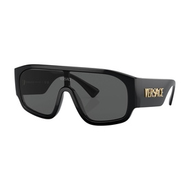 Versace black oversized shield sunglasses with flat top, dark grey lenses and gold-tone logo lettering on temples