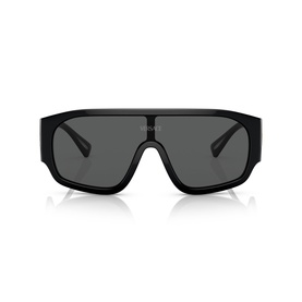 Versace black oversized shield sunglasses with flat top brow bar, dark grey lenses and black frames, front view
