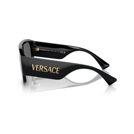 Versace black sunglasses, rear view showing gold logo lettering on temple arms and dark lenses