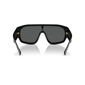 Black oversized shield sunglasses, rear view showing dark lens, black frame and gold-tone temple hinges
