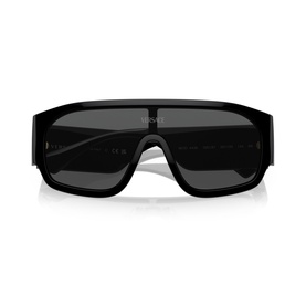 Versace black oversized shield sunglasses with flat top bar, dark smoke lenses, and gold logo detail on temple