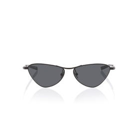 Black metal cat-eye sunglasses with slim angular frames and dark grey lenses, front-facing view