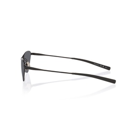 Black metal frame sunglasses shown from the side, highlighting slim temples and classic bridge profile