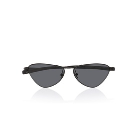 Black angular cat-eye sunglasses with slim metal frames and dark grey lenses, no model