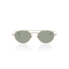 Oval sunglasses with gold-tone double bridge metal frame and green-tinted lenses, front-facing view on white background