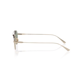 Side profile view of sunglasses with slim gold metal frames and light green-tinted lenses