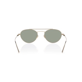 Gold-tone aviator sunglasses with green-tinted lenses, double bridge, and slim metal temples, rear view