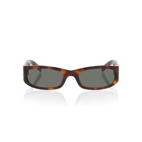 Tortoiseshell rectangular sunglasses with slim acetate frame and dark green lenses, shot front-on against white background
