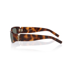 Saint Laurent tortoiseshell rectangular sunglasses with gold YSL logo on temple and green-tinted lenses, side view