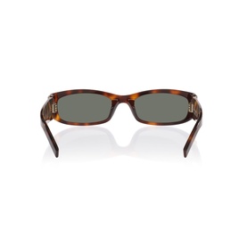 Tortoiseshell rectangular sunglasses, rear view showing gold-tone temple hardware and dark green lenses