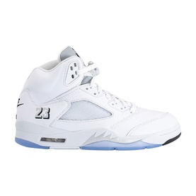 Nike Air Jordan 5 Retro high-top trainer in white with black and metallic silver details, translucent outsole