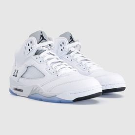 Nike Air Jordan 5 Retro high-top trainers in white with black and metallic silver detailing, icy translucent sole