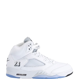 Nike Air Jordan 5 Retro high-top trainer in white with black and metallic silver details, translucent outsole