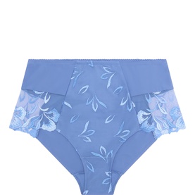 Chantelle blue full brief with floral embroidered lace side panels and leaf print front, high-waist silhouette
