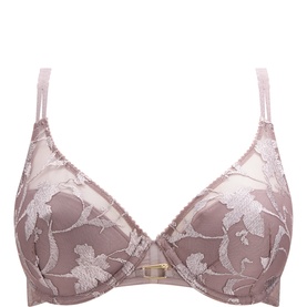 Chantelle Plunge Bra in Mauve Glow with floral embroidery on sheer tulle and gold hardware centrepiece