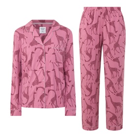 Chelsea Peers Modal Giraffe Long Pyjama Set in Giraffe Pink, two-piece with long-sleeve button shirt and full-length elasticated trousers