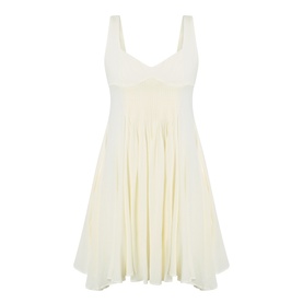 JW Anderson Ivory sleeveless mini dress with sweetheart neckline, empire waist, and flared pleated skirt in viscose-linen blend
