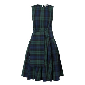 JW Anderson navy and green tartan cotton dress with sleeveless design, self-tie waist belt and flared asymmetric hem