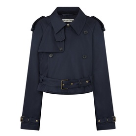JW Anderson navy cotton cropped trench jacket with double-breasted buttons, epaulettes, waist belt, and gold-tone hardware