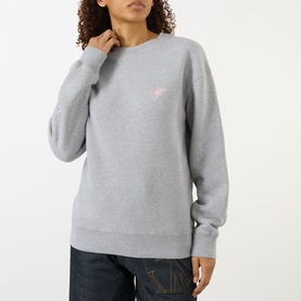 Model wearing JW Anderson Anchor Logo Sweatshirt in mid grey melange, pink anchor embroidery, crew neck, ribbed trims, styled with blue jeans.